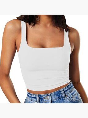 Sleeveless Strappy Square Neck Crop Top Double Layer Slim Fit Workout Casual